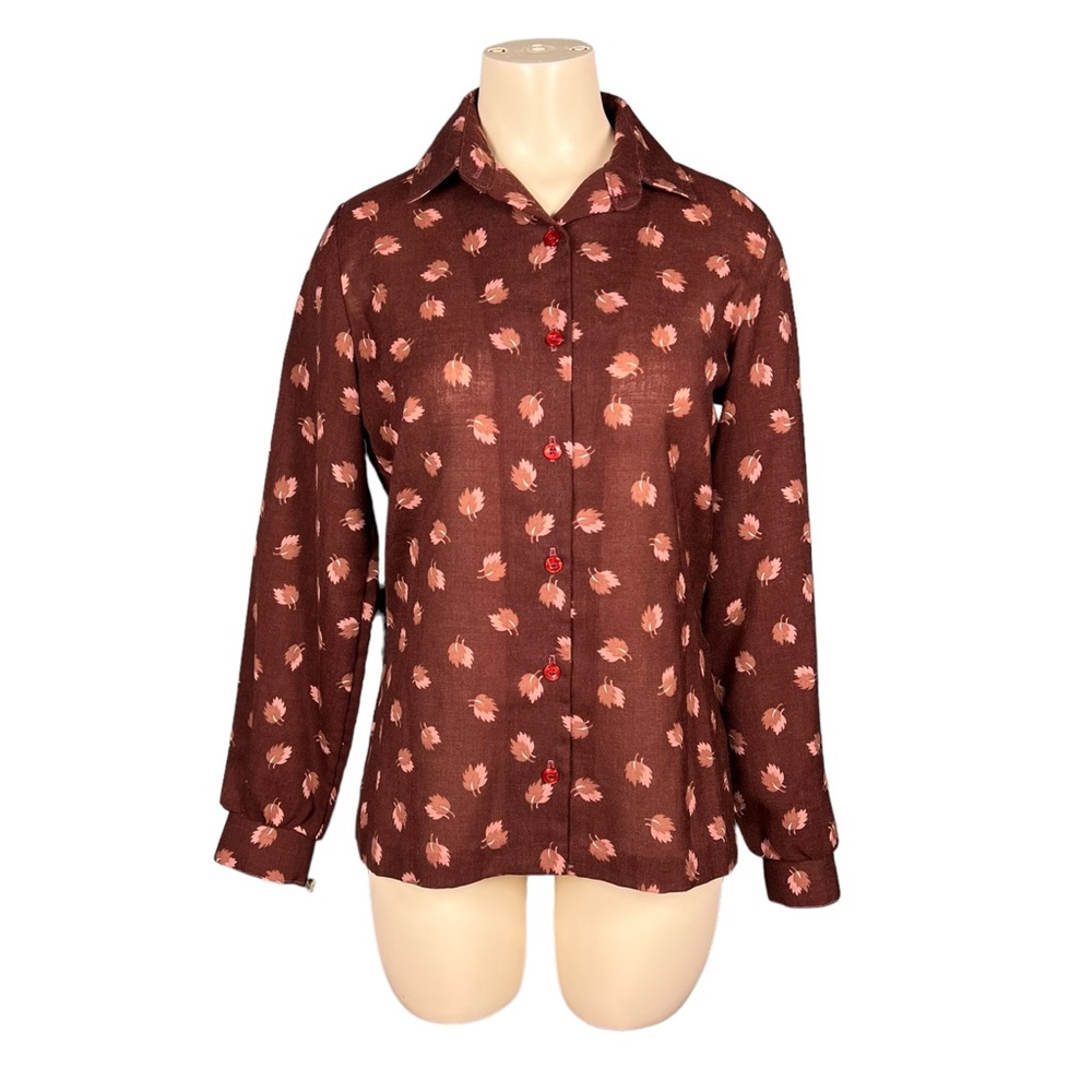 Jantzen Brown Fall Leaf Print Button Down Vintage Top 70s Size 8